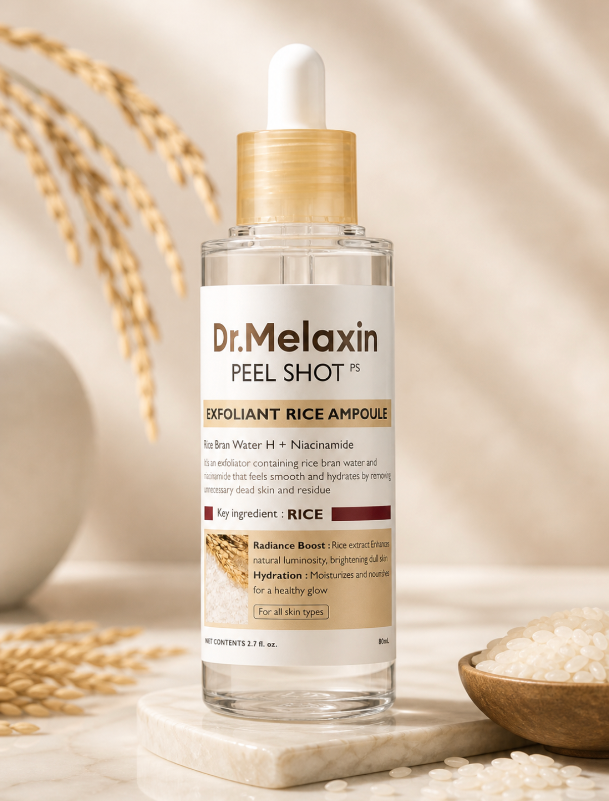 Dr. Melaxin Peel Shot PS Exfoliating White Rice Ampoule – Rice Bran Water & Niacinamide Brightening Peeling Serum 80ml