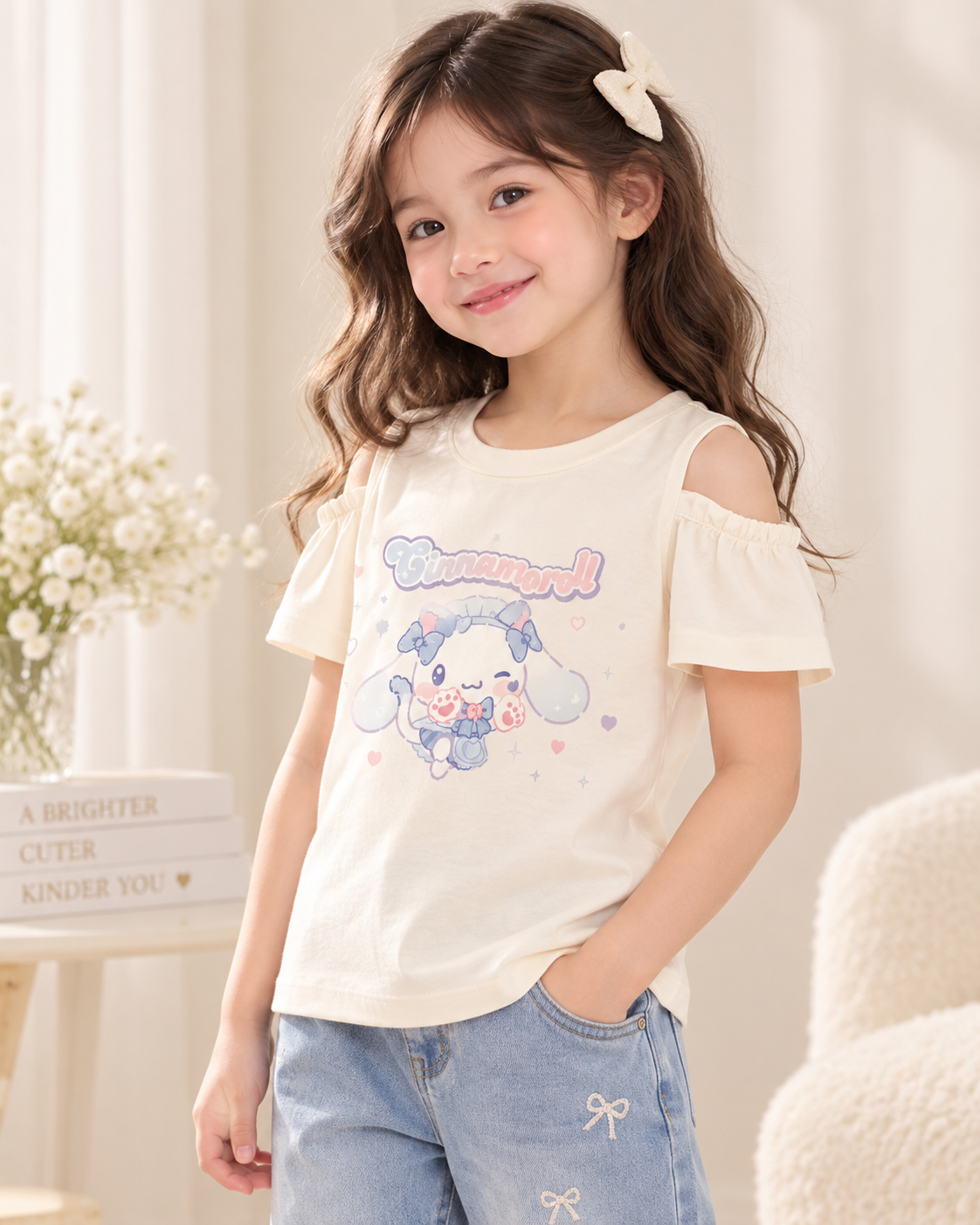 Cinnamoroll Girls Cold Shoulder T-Shirt – White | Cute Sanrio Kids Tee