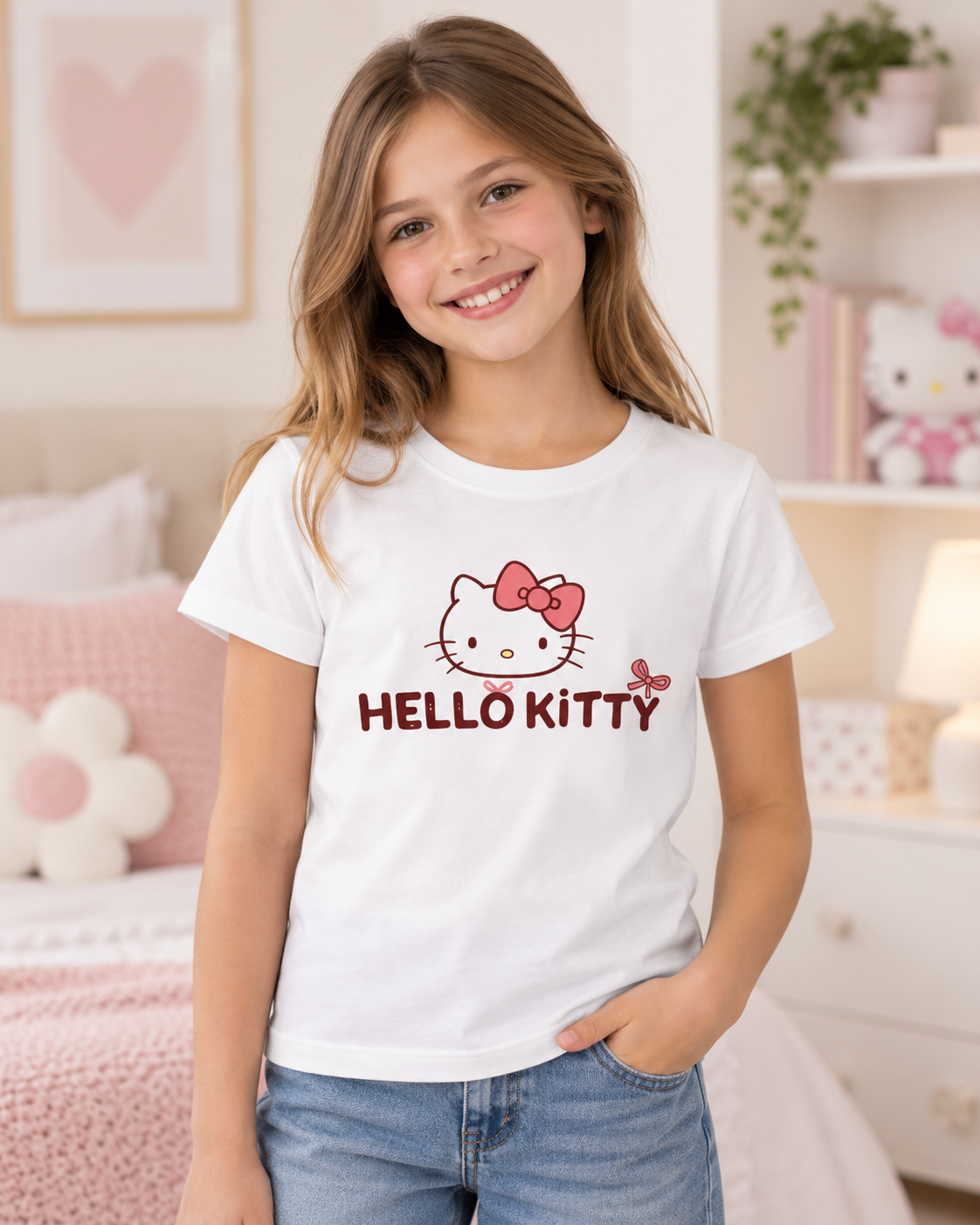 Hello Kitty Girls’ White Graphic T-Shirt – Cute Short Sleeve Top