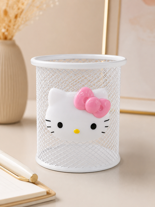 Hello Kitty Metal Mesh Pencil Holder – Cute Desktop Organizer (White)