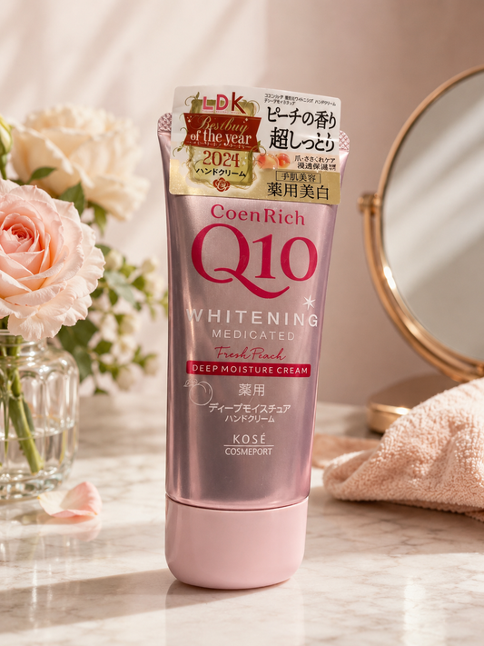 KOSÉ CoenRich Q10 Whitening Medicated Deep Moisture Hand Cream – Fresh Peach – 80g