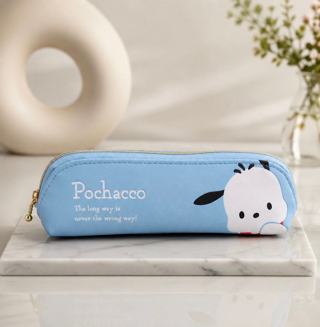 Pochacco Premium PU Leather Pencil Case – Cute Sanrio Zipper Pouch | Blue