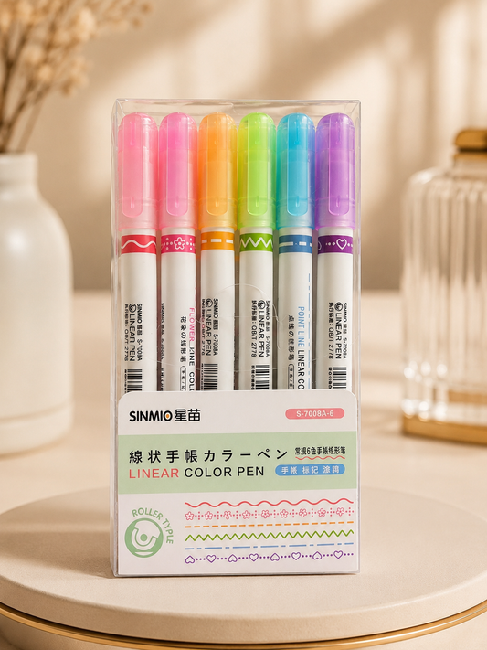 SINMIO Linear Color Pen Set – 6 Roller Pattern Pens for Journaling, Planner & DIY Crafts