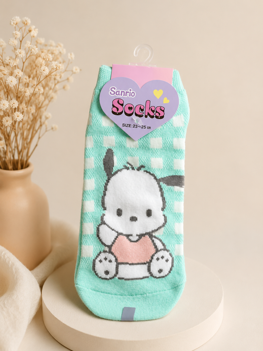 Sanrio Pochacco Mint Gingham Ankle Socks – Soft Cotton Blend (23–25 cm)