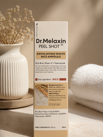 Dr. Melaxin Peel Shot PS Exfoliating White Rice Ampoule – Rice Bran Water & Niacinamide Brightening Peeling Serum 80ml