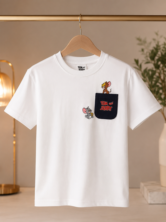 Tom & Jerry Kids Pocket Boys T-Shirt – White
