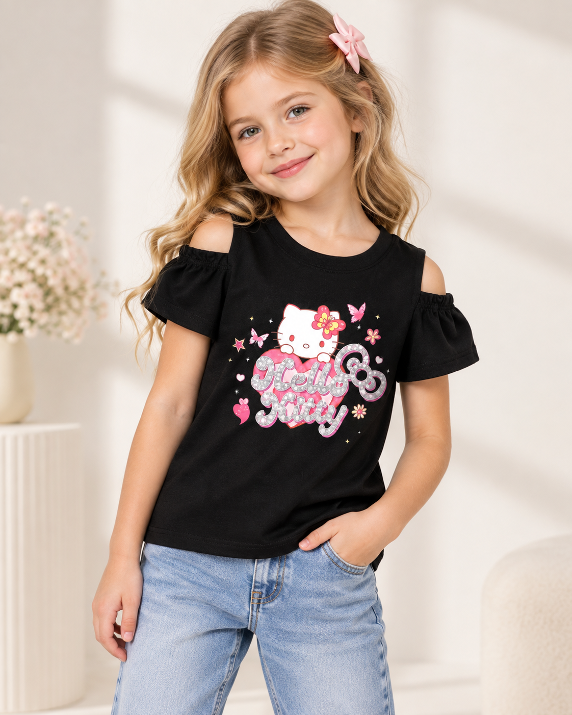 Hello Kitty Girls Glitter Heart Graphic T-Shirt – Black