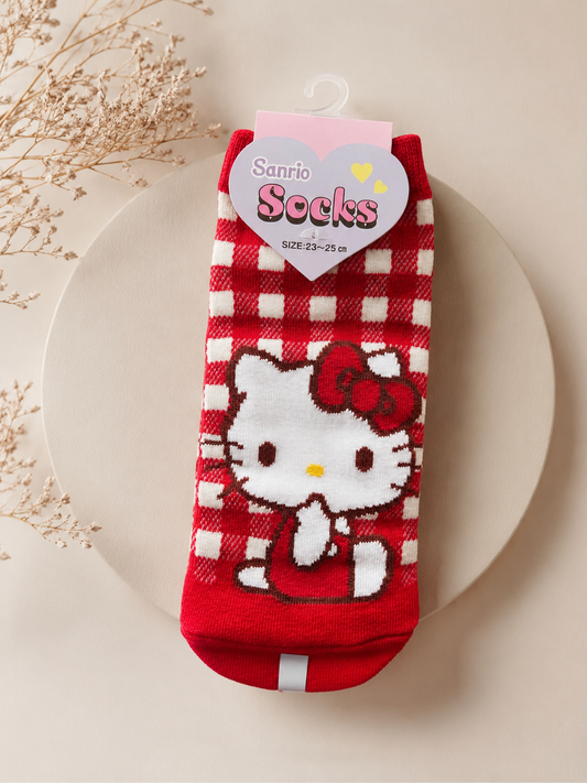 Sanrio Hello Kitty Red Gingham Crew Socks – Soft Cotton Blend (23–25 cm)