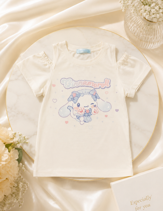Cinnamoroll Girls Cold Shoulder T-Shirt – White | Cute Sanrio Kids Tee