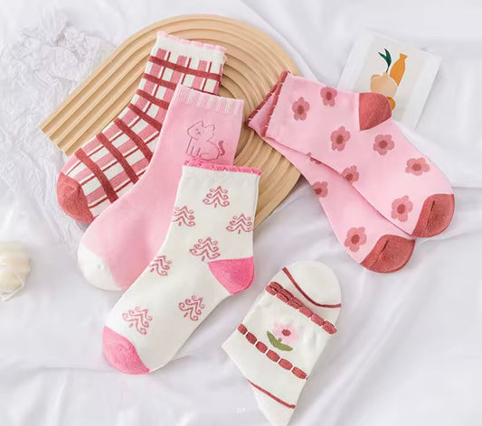 5 Pairs Set – Pink Flower Knit Warm Girls Socks