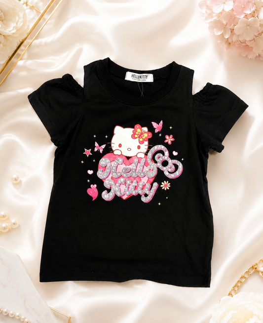 Hello Kitty Girls Glitter Heart Graphic T-Shirt – Black